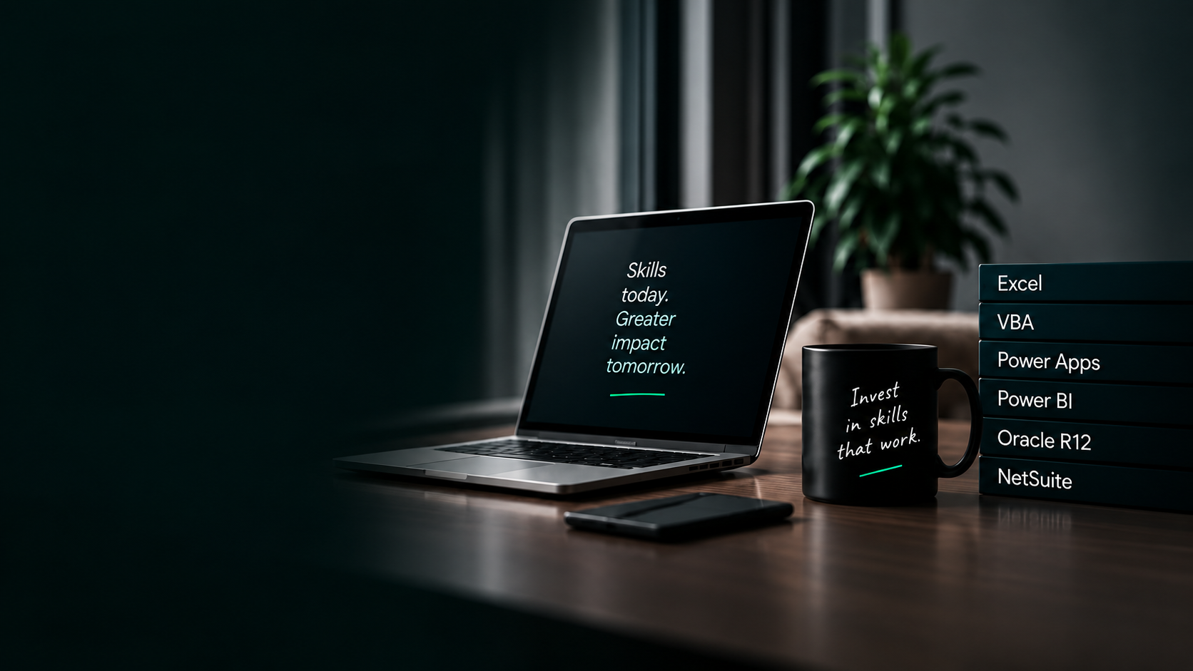 Laptop and coffee mug on a dark desk