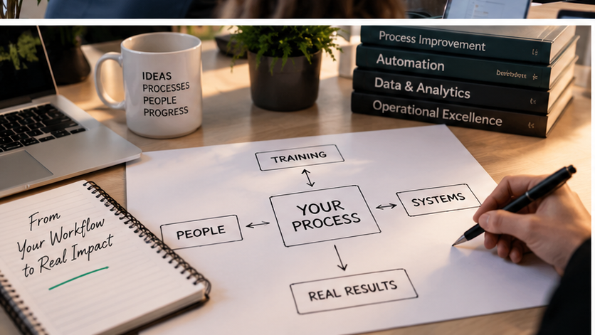 Workflow diagram mapping people, process and systems to real results