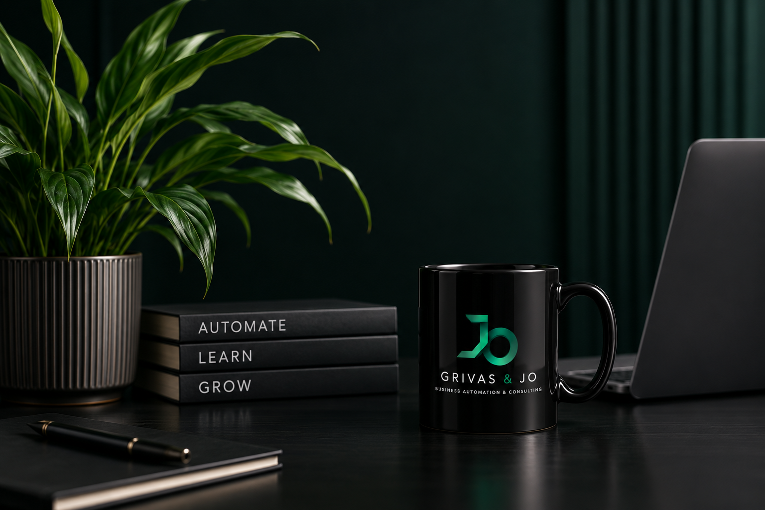 GRIVAS & JO desk with plant, AUTOMATE · LEARN · GROW books and branded mug