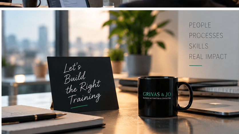 Office desk with training materials and GRIVAS & JO branding
