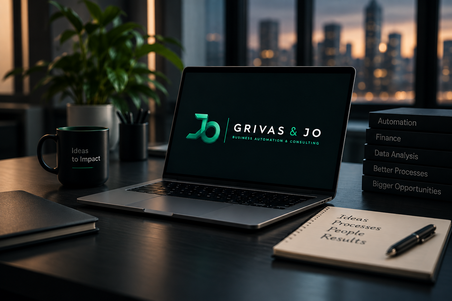 GRIVAS & JO laptop in a modern office workspace