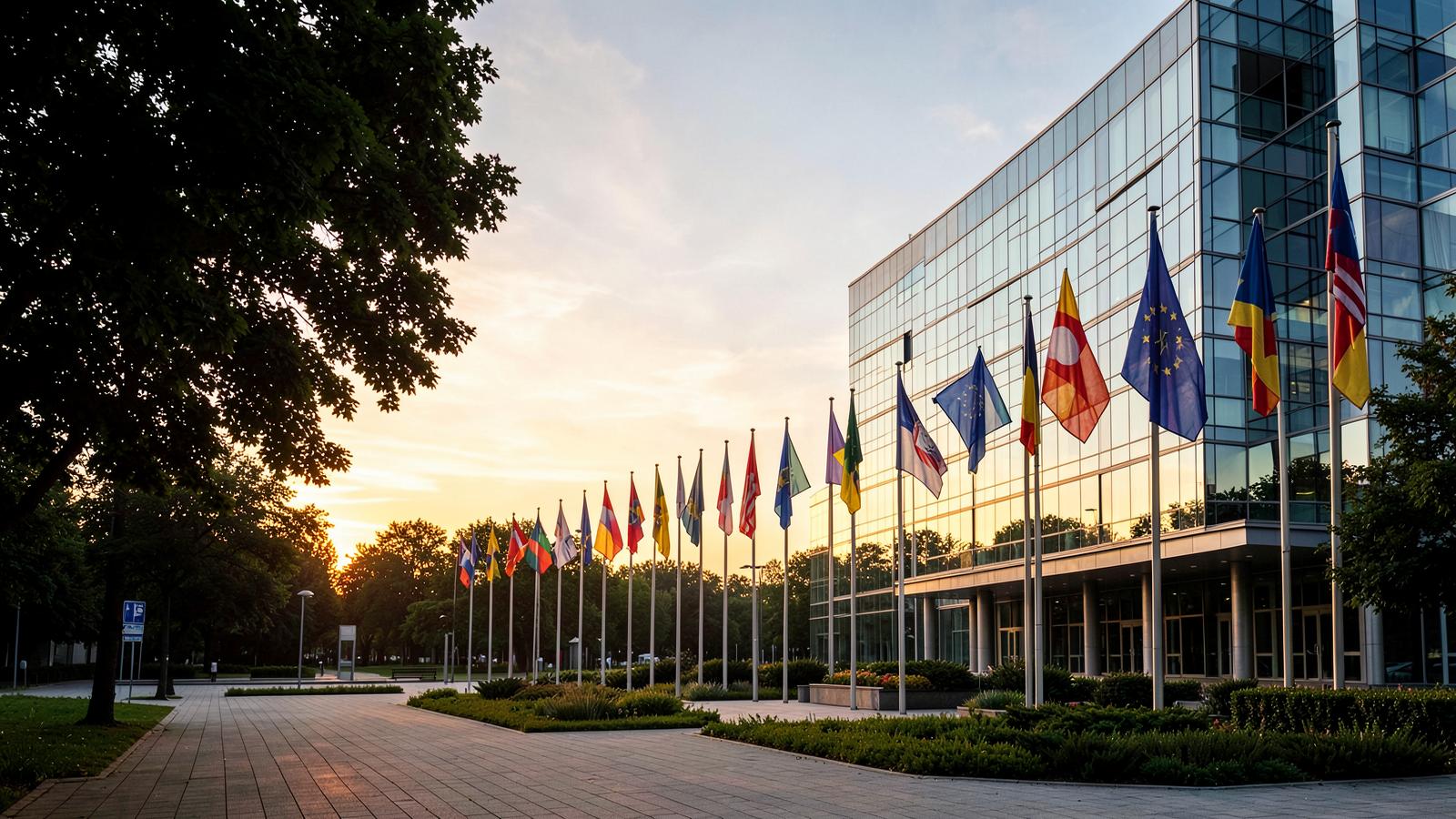 International flags outside a modern public institution